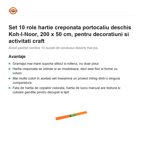 Set 10 role hartie creponata portocaliu deschis Koh-I-Noor, 200 x 50 cm, pentru decoratiuni si activitati craft [1]
