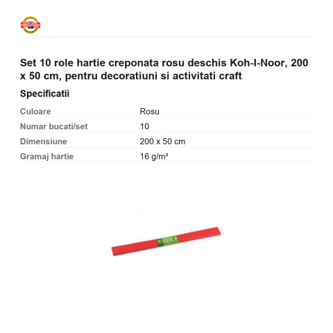 Set 10 role hartie creponata rosu deschis Koh-I-Noor, 200 x 50 cm, pentru decoratiuni si activitati craft [2]