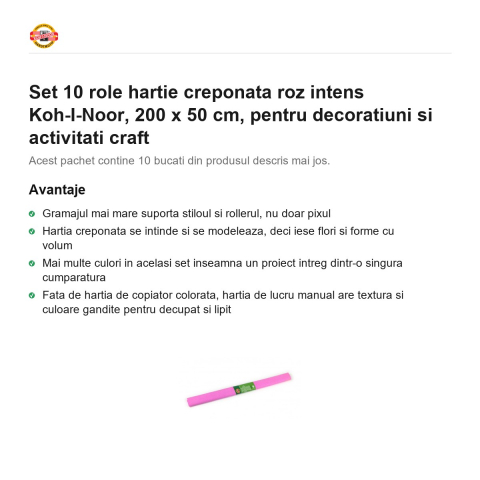 Set 10 role hartie creponata roz intens Koh-I-Noor, 200 x 50 cm, pentru decoratiuni si activitati craft [1]