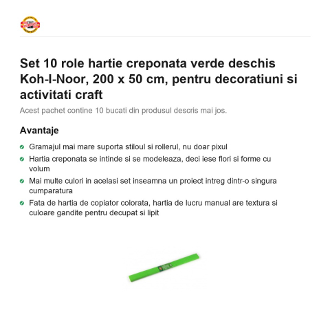 Set 10 role hartie creponata verde deschis Koh-I-Noor, 200 x 50 cm, pentru decoratiuni si activitati craft [1]