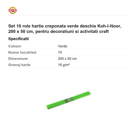 Set 10 role hartie creponata verde deschis Koh-I-Noor, 200 x 50 cm, pentru decoratiuni si activitati craft [2]