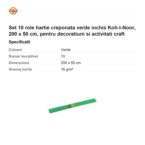 Set 10 role hartie creponata verde inchis Koh-I-Noor, 200 x 50 cm, pentru decoratiuni si activitati craft [2]