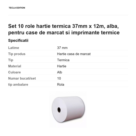 Set 10 role hartie termica 37mm x 12m, alba, pentru case de marcat si imprimante termice [2]