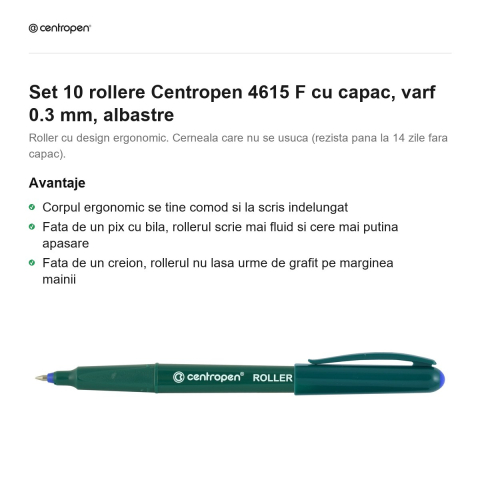 Set 10 rollere Centropen 4615 F cu capac, varf 0.3 mm, albastre [1]