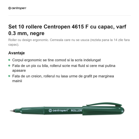 Set 10 rollere Centropen 4615 F cu capac, varf 0.3 mm, negre [1]