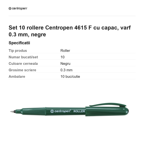 Set 10 rollere Centropen 4615 F cu capac, varf 0.3 mm, negre [2]