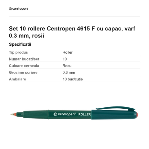 Set 10 rollere Centropen 4615 F cu capac, varf 0.3 mm, rosii [2]