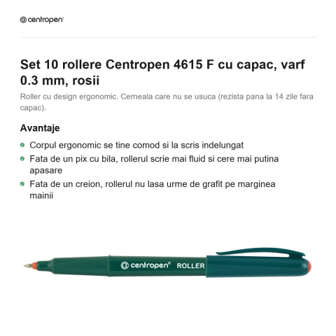 Set 10 rollere Centropen 4615 F cu capac, varf 0.3 mm, rosii [1]