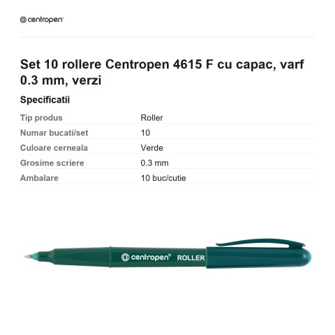 Set 10 rollere Centropen 4615 F cu capac, varf 0.3 mm, verzi [2]