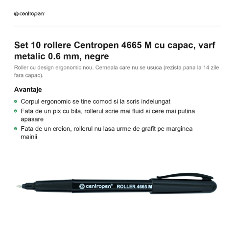 Set 10 rollere Centropen 4665 M cu capac, varf metalic 0.6 mm, negre [1]