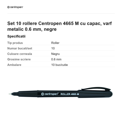 Set 10 rollere Centropen 4665 M cu capac, varf metalic 0.6 mm, negre [2]