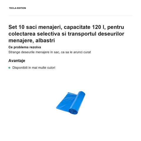 Set 10 saci menajeri, capacitate 120 l, pentru colectarea selectiva si transportul deseurilor menajere, albastri [1]
