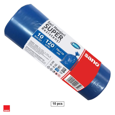 Menaj - Set 10 saci menajeri Sano Optima, capacitate 120 l, din polietilena LDPE, albastri, la rola