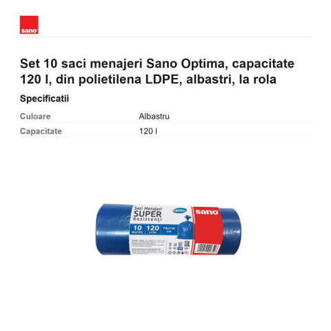 Set 10 saci menajeri Sano Optima, capacitate 120 l, din polietilena LDPE, albastri, la rola [2]