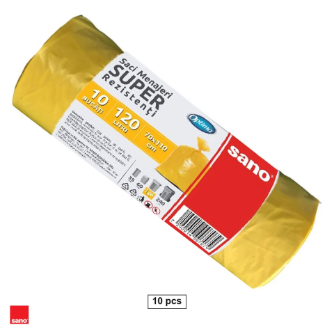 Menaj - Set 10 saci menajeri Sano Optima, capacitate 120 l, din polietilena LDPE, galbeni, la rola