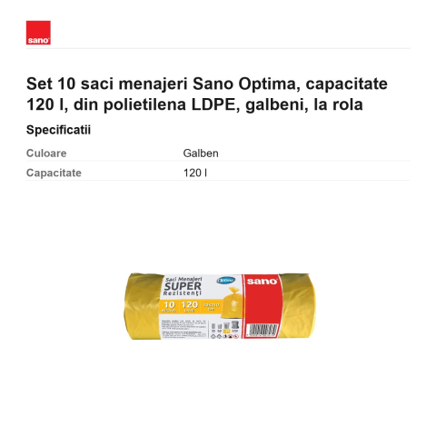 Set 10 saci menajeri Sano Optima, capacitate 120 l, din polietilena LDPE, galbeni, la rola [2]