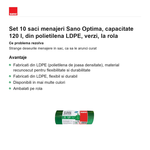 Set 10 saci menajeri Sano Optima, capacitate 120 l, din polietilena LDPE, verzi, la rola [1]