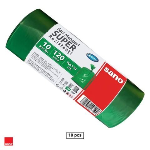 Menaj - Set 10 saci menajeri Sano Optima, capacitate 120 l, din polietilena LDPE, verzi, la rola