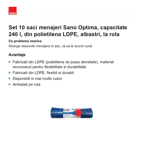 Set 10 saci menajeri Sano Optima, capacitate 240 l, din polietilena LDPE, albastri, la rola [1]