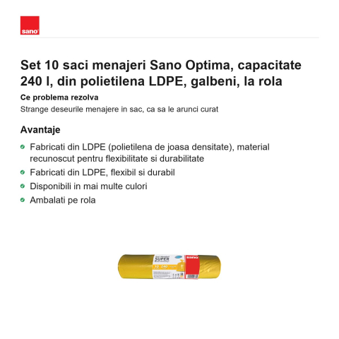 Set 10 saci menajeri Sano Optima, capacitate 240 l, din polietilena LDPE, galbeni, la rola [1]
