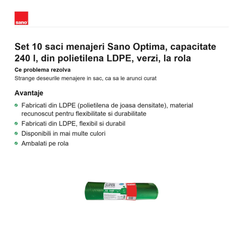 Set 10 saci menajeri Sano Optima, capacitate 240 l, din polietilena LDPE, verzi, la rola [1]