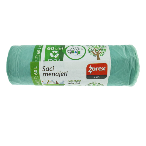 Saci menajeri - Set 10 saci menajeri Zorex Pro 60L pentru colectare selectiva sticla, LDPE, dimensiuni 58 x 67 cm, verzi
