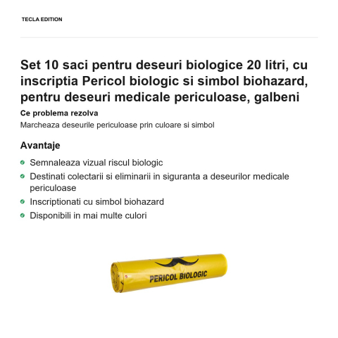 Set 10 saci pentru deseuri biologice 20 litri, cu inscriptia Pericol biologic si simbol biohazard, pentru deseuri medicale periculoase, galbeni [1]