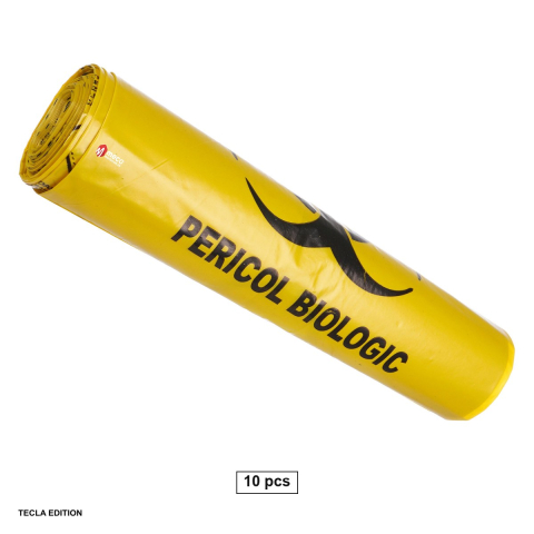 Saci menajeri - Set 10 saci pentru deseuri biologice 40 litri, cu inscriptia Pericol biologic si simbol biohazard, pentru deseuri medicale periculoase, galbeni