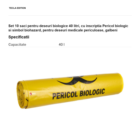Set 10 saci pentru deseuri biologice 40 litri, cu inscriptia Pericol biologic si simbol biohazard, pentru deseuri medicale periculoase, galbeni [2]