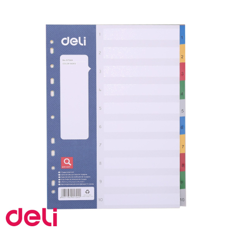Indecsi si separatoare pentru dosare - Set 10 separatoare index plastic Deli, format A4, 1-10, cu 11 perforatii, pentru organizare documente