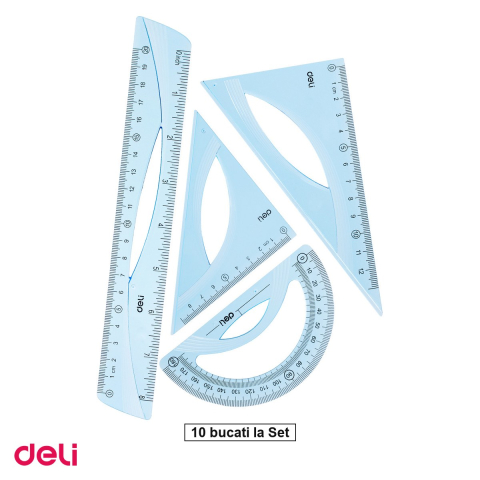 Desen tehnic si proiectare - Set 10 seturi geometrie Deli 4 piese albastru transparent, rigla 20cm, echere si raportor, pentru scoala