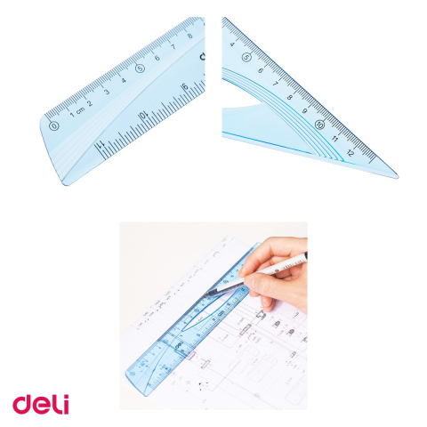 Set 10 seturi geometrie Deli 4 piese albastru transparent, rigla 20cm, echere si raportor, pentru scoala [3]