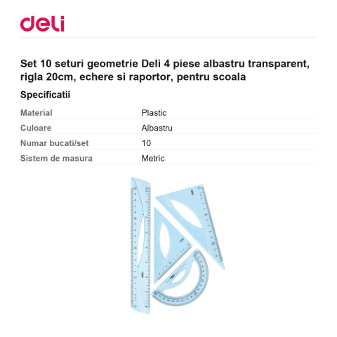 Set 10 seturi geometrie Deli 4 piese albastru transparent, rigla 20cm, echere si raportor, pentru scoala [2]