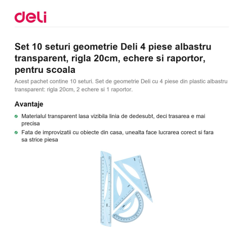 Set 10 seturi geometrie Deli 4 piese albastru transparent, rigla 20cm, echere si raportor, pentru scoala [1]
