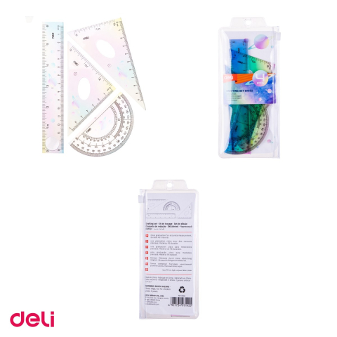 Set 10 seturi geometrie Deli 4 piese multicolor, rigla 15cm, echere si raportor, pentru scoala [3]