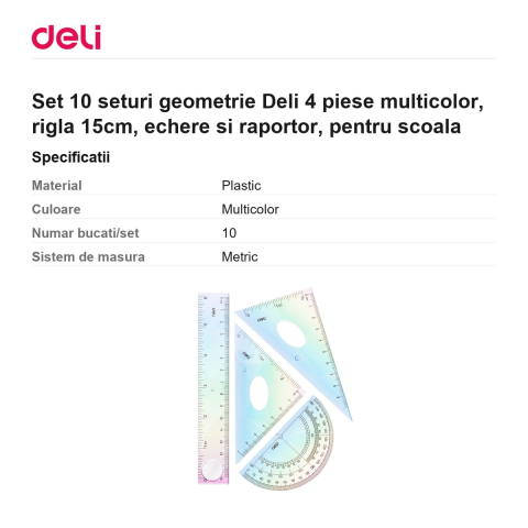 Set 10 seturi geometrie Deli 4 piese multicolor, rigla 15cm, echere si raportor, pentru scoala [2]