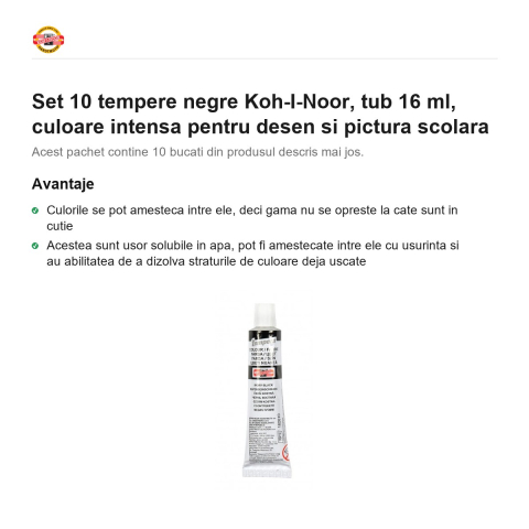 Set 10 tempere negre Koh-I-Noor, tub 16 ml, culoare intensa pentru desen si pictura scolara [1]