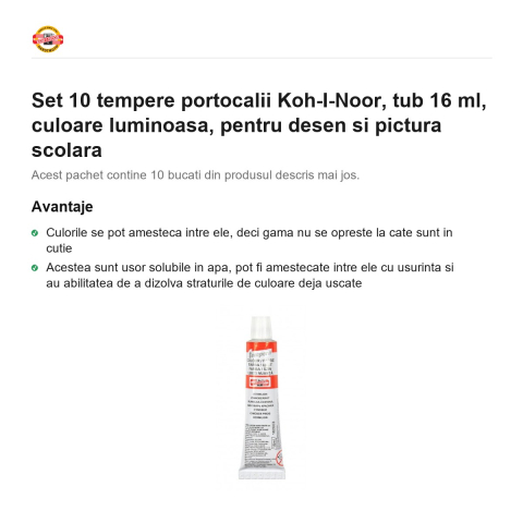 Set 10 tempere portocalii Koh-I-Noor, tub 16 ml, culoare luminoasa, pentru desen si pictura scolara [1]