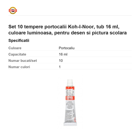 Set 10 tempere portocalii Koh-I-Noor, tub 16 ml, culoare luminoasa, pentru desen si pictura scolara [2]