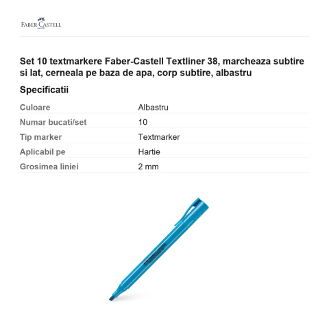 Set 10 textmarkere Faber-Castell Textliner 38, marcheaza subtire si lat, cerneala pe baza de apa, corp subtire, albastru [2]