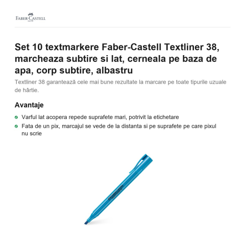 Set 10 textmarkere Faber-Castell Textliner 38, marcheaza subtire si lat, cerneala pe baza de apa, corp subtire, albastru [1]