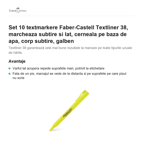 Set 10 textmarkere Faber-Castell Textliner 38, marcheaza subtire si lat, cerneala pe baza de apa, corp subtire, galben [1]