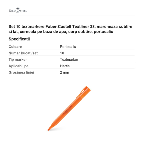 Set 10 textmarkere Faber-Castell Textliner 38, marcheaza subtire si lat, cerneala pe baza de apa, corp subtire, portocaliu [2]