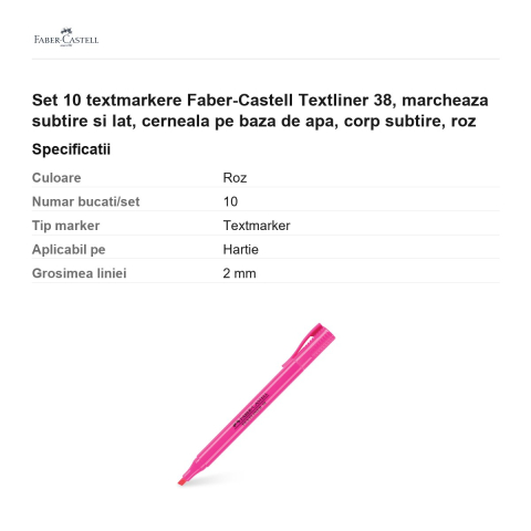 Set 10 textmarkere Faber-Castell Textliner 38, marcheaza subtire si lat, cerneala pe baza de apa, corp subtire, roz [2]