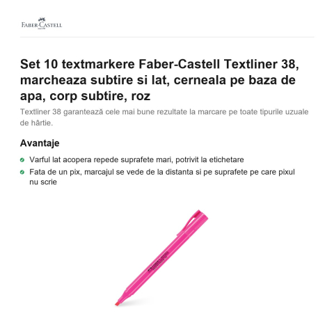 Set 10 textmarkere Faber-Castell Textliner 38, marcheaza subtire si lat, cerneala pe baza de apa, corp subtire, roz [1]