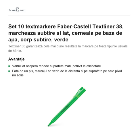 Set 10 textmarkere Faber-Castell Textliner 38, marcheaza subtire si lat, cerneala pe baza de apa, corp subtire, verde [1]
