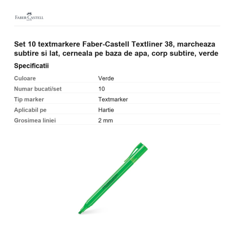 Set 10 textmarkere Faber-Castell Textliner 38, marcheaza subtire si lat, cerneala pe baza de apa, corp subtire, verde [2]