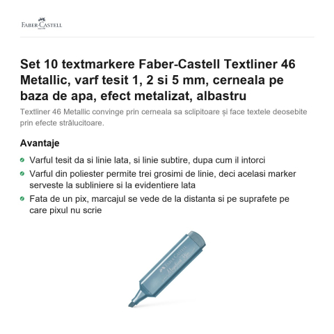 Set 10 textmarkere Faber-Castell Textliner 46 Metallic, varf tesit 1, 2 si 5 mm, cerneala pe baza de apa, efect metalizat, albastru [1]