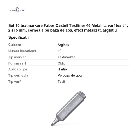 Set 10 textmarkere Faber-Castell Textliner 46 Metallic, varf tesit 1, 2 si 5 mm, cerneala pe baza de apa, efect metalizat, argintiu [2]