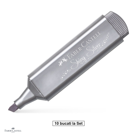 Instrumente de scris - Set 10 textmarkere Faber-Castell Textliner 46 Metallic, varf tesit 1, 2 si 5 mm, cerneala pe baza de apa, efect metalizat, argintiu